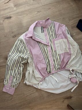 Anthropologie Pink and Cream Striped Drawstring Button-Up Top